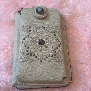 Montana West Dark Cream Crossbody Phone Wallet with Embroidered Design/NWT